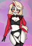  1girl black_lingerie black_lipstick blonde_hair charlie_morningstar_(hazbin_hotel) cleavage female_only garter_straps grin hazbin_hotel humanoid jacket jacket_open lingerie looking_at_viewer red_eyes smile smiling_at_viewer twitter valk_yrian vivienne_medrano vivziepop white_skin 