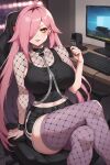 1girl ai_generated big_breasts cleavage fishnets leotard long_hair nenefthivt on_motorcycle pink_hair shirt shoes skirt solo tagme vtuber yellow_eyes