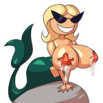  1girl ai_will_never_replace_human_made_art big_breasts blonde_hair breasts cum cum_drip cum_on_breasts disney green_tail grin knick_knack mermaid mermaid_tail noonun pasties pixar rock short_hair starfish starfish_pasties sunglasses sunny_atlantis 