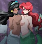 2girls aladdin_(series) alternate_species arms_behind_back bondage bound_together breasts breasts_to_breasts bubbles chain_leash chained_together chocolate_and_vanilla crossover dark-skinned_female dark_skin disney female female/female female_only huge_breasts humanoid implied_yuri light-skinned_female light_skin linked_collar mermaid mermaid_tail navel nude ocean princess_ariel princess_jasmine sea sideboob symmetrical_docking tail the_little_mermaid underwater unknown_artist water