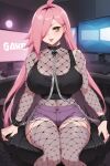 1girl ai_generated big_breasts cleavage fishnets leotard long_hair nenefthivt on_motorcycle pink_hair shirt shoes skirt solo tagme vtuber yellow_eyes