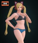  1girl 3duk alluring bikini blonde_hair blue_eyes cat_ear_headphones cat_tail cleavage lucky_chloe medium_breasts namco pin_up posing tekken tekken_7 