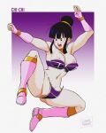 big_breasts bikini_armor bikini_top_lift black_eyes black_hair bracelet chi-chi_(dragon_ball) dragon_ball_z hair_bun jumping milf nekom14 nipple_slip nipples nipples_outside pink_boots pink_gloves pussy pussy_slip