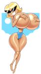  1girl 1girl 1girl angstrom big_breasts big_breasts big_breasts bikini_bottom bimbo blonde blonde_hair breast_support breasts breasts_bigger_than_head covering_nipples disney doll doll_joints female_only gigantic_breasts holding_breasts huge_breasts hyper hyper_breasts knick_knack light-skinned_female light_skin looking_at_viewer pixar self_groping short_hair smile sunglasses sunny_miami topless 