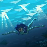 1girl air_bubbles barefoot black_eyes blue_hair blue_skin breasts bubbles cartoon_network el_fat_gato feet female freediving gem_(species) gif humanoid lapis_lazuli_(steven_universe) nipples nude ocean sea short_hair skinny_dipping solo steven_universe swimming underwater water