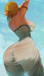  1girl absurd_res alluring araneesama ass ass_in_dress big_ass big_breasts blonde_hair cutesexyrobutts_(style) dress elf_ears light-skinned_female low-angle_view nintendo princess_zelda see-through_clothing short_hair the_legend_of_zelda the_legend_of_zelda:_tears_of_the_kingdom thick_thighs zonai_outfit 