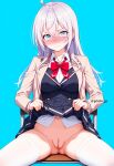 alisa_mikhailovna_kujou blue_eyes lifted_by_self lifted_skirt long_hair looking_at_viewer nekom14 no_panties pussy schoolgirl tokidoki_bosotto_roshia-go_de_dereru_tonari_no_alya-san white_hair white_thighhighs