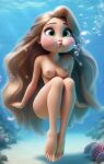  1girl ai_generated air_bubbles barefoot blonde_hair breasts bubbles disney feet feetlovers8841 female freediving green_eyes holding_breath lips long_hair medium_breasts nipples nude ocean puffed_cheeks rapunzel sea skinny_dipping solo swimming tangled underwater water 