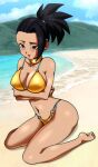  1girl beach big_ass big_breasts bikini black_hair cute foxybulma gold_bikini kale posing sea seductive shy 