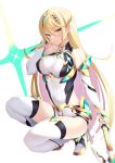  1girl 1girl adapted_costume aegis_sword_(xenoblade) alluring big_breasts blonde_hair chest_jewel daive earrings elbow_gloves gloves high_res jewelry long_hair mythra short_shorts shorts stockings swept_bangs sword tiara very_long_hair weapon white_gloves xenoblade_(series) xenoblade_chronicles_2 yellow_eyes 