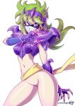 1girl armor bottomless claws green_hair knights_of_the_zodiac long_fingernails looking_at_viewer mask masked_female nekom14 no_panties no_pants ophiuchus_shaina pussy saint_seiya shounen_jump silver_saints yellow_sash