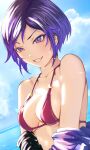 1girl 1girl absurd_res alluring bikini bikini_top_only black_and_purple_hair blush cloud cloudy_sky high_res medium_breasts namco open_mouth purple_eyes purple_hair reina_(tekken) seaside short_hair sky smile swimsuit tekken tekken_8 wet_face yuumura_ch