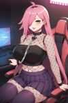 1girl ai_generated big_breasts cleavage fishnets leotard long_hair nenefthivt on_motorcycle pink_hair shirt shoes skirt solo tagme vtuber yellow_eyes