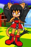  2024 :3 absurd_res accessory amber_eyes anthro black_hair blackmore boots cat clothing dress fang_out felid feline felis footwear gloves hairband hand_on_hip handwear high_res honey_the_cat looking_to_the_side mammal multicolored_dress orange_fur pigtails red_boots sega smile solo sonic_the_fighters sonic_the_hedgehog_(series) tail 