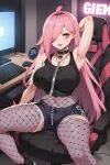  1girl ai_generated big_breasts cleavage fishnets leotard long_hair nenefthivt on_motorcycle pink_hair shirt shoes skirt solo tagme vtuber yellow_eyes 