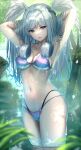 1girl 1girl absurd_res alluring arms_behind_head bikini blue_eyes commentary_request curly_hair feathered_wings grey_hair hair_lift head_wings high_res long_hair looking_at_viewer melia_antiqua navel open_mouth outside paid_reward_available pond purple_bikini sakunaru smile standing sunlight swimsuit tree wading wet wings xenoblade_(series) xenoblade_chronicles_3