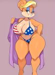  1girl ai_generated american_flag_bikini anthro bedroom_eyes big_breasts bikini blonde_hair breasts brown_skin buckteeth chubby cleavage curvy eyelashes eyeshadow furry high_res huge_breasts jinu lagomorph legs looking_at_viewer looney_tunes mammal milf navel non-nude patricia_bunny patriotic posing rabbit robe sexy simple_background slut standing stomach the_looney_tunes_show thick thick_thighs uglyx wide_hips 