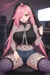 1girl ai_generated big_breasts cleavage fishnets leotard long_hair nenefthivt on_motorcycle pink_hair shirt shoes skirt solo tagme vtuber yellow_eyes