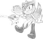  1boy 1girl 2023 anthro apron apron_only cuffs eyes_popping_out fang_the_sniper female_focus greyscale hat holding_food hybrid icydirtball jerboa lizard mostly_clothed mostly_nude multicolored_tail nack_the_weasel pancake reptile scalie sega sketch sonic_the_hedgehog_(series) spikes_(anatomy) steam sungazer_lizard tail trip_the_sungazer wolf 