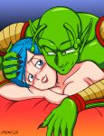  after_sex after_vaginal blue_hair bulma cheating_(relationship) chiomomo1981 completely_nude dragon_ball dragon_ball_super female_sub green_skin hetero nude pervert pervert_female piccolo sex sex_from_behind short_hair smile submission 