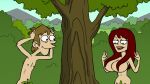  adam eve forest good_vibes hair_covering_breasts leaf_censor tagme tree 