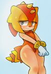  1girl 2023 :3 anthro bracelets curvy girdled_lizard gloves grey_eyes leotard lizard looking_away multicolored_tail nervous one-piece_swimsuit orange_leotard reptile scalie sega smile sonic_the_hedgehog_(series) spikes_(anatomy) sungazer_lizard sweat tail thick_thighs trip_the_sungazer unknown_artist 