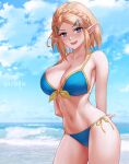  1girl alluring arms_behind_back azto_dio aztodio bare_shoulders beach big_breasts bikini blonde_hair blue_bikini blue_eyes blue_sky blush cleavage collarbone hair_ornament hairclip looking_at_viewer navel nintendo ocean open_mouth parted_bangs pointy_ears princess_zelda shore short_hair sidelocks sky smile swimsuit the_legend_of_zelda the_legend_of_zelda:_tears_of_the_kingdom thighs 