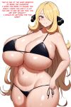  1girl 1girl ai_art ai_generated bikini blonde blonde_female blonde_hair curvy cynthia_(pokemon) edit english_text huge_breasts looking_away mature mature_female novelai plump pokemon self_upload solo_female sweat text white_background 