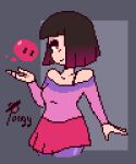 1girl akumu_(glitchtale) bete_noire betty_noire brown_hair glitchtale kumu kumu_(glitchtale) pink_eyes pink_hair pink_shirt pixel_(artwork) pixel_art pongy_(artist) purple_shirt red_skirt skirt slime undertale_au