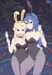  2_girls absurd_res alluring alternate_breast_size animal_ears big_breasts black_leotard black_neckwear blonde_hair blue_eyes blue_hair bow bowtie bunnysuit champagne champagne_flute cleavage collar confetti cowboy_shot cup detached_collar drinking_glass elf facing_viewer fake_animal_ears female_only fire_emblem fire_emblem_awakening fireworks hair_between_eyes high_res hover_hand hugging leotard long_hair looking_at_viewer lucina lucina_(fire_emblem) medium_breasts multiple_girls night night_sky nintendo open_mouth pantyhose parted_bangs playboy_bunny pointy_ears princess_zelda rabbit_ears rabbit_tail red_5 sidelocks sky smile standing strapless strapless_leotard tail the_legend_of_zelda the_legend_of_zelda:_a_link_between_worlds thighs white_collar wine_glass wrist_cuffs 