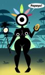  1girl 2021 anthro black_body black_eye black_skin breasts cape cleavage curvy dialogue eyeball holding_fruit holding_object lolwutburger nipples nude papaya patapon playstation priestess_meden pussy sony_interactive_entertainment text thick_thighs wide_hips 