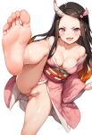  black_hair demon_girl demon_slayer horn japanese_clothes kamado_nezuko kimetsu_no_yaiba kimono_open long_hair looking_at_viewer medium_breasts nekom14 nipple_slip no_bra no_panties open_clothes open_yukata pink_eyes pink_kimono pussy smile spread_legs 