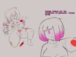  2girls bete_noire betty_noire big_breasts blood boots bottomless bottomless_female breasts chara chara_(undertale) clothed dialogue digital_media_(artwork) english_text female_only glitchtale knife mob_face nipples no_color not_paint on_one_knee pink_eyes pink_hair pussy red_eyes red_heart sequence sequential short_hair shot skirt squirt squirting text undertale undertale_(series) undertale_au wearing_clothes wearing_others_clothes 