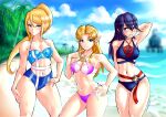 3_girls alluring arm_behind_head beach bikini blonde_hair blue_eyes blue_hair blush breasts cleavage day elf fire_emblem fire_emblem_awakening grin hand_on_own_hip high_res legs long_hair looking_at_viewer lucina lucina_(fire_emblem) medium_breasts metroid multiple_girls navel nintendo palm_tree pointy_ears ponytail princess_zelda samus_aran side-tie_bikini_bottom sidelocks smile standing swimsuit symbol the_legend_of_zelda the_legend_of_zelda:_a_link_between_worlds the_legend_of_zelda:_a_link_to_the_past thighs tree triforce water