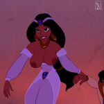  1boy 1girl aladdin aladdin_(series) arabian_clothes big_breasts breasts dark-skinned_female dark_skin disney edit harem_outfit mrsynn nipples princess_jasmine screenshot screenshot_edit teen teenage_girl 