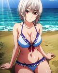 1girl alluring beach big_breasts bikini blue_sky joker_(artist) magenta_eyes nakiri_alice ocean shokugeki_no_souma silver_hair