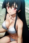 1girl akame_(akame_ga_kill!) akame_ga_kill! alluring beach big_breasts bikini black_hair cleavage lovehuwu ocean on_knees red_eyes