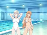 2_girls 2girls alluring bikini cousins female_only magenta_eyes nakiri_alice nakiri_erina pool purple_eyes shokugeki_no_souma silver_hair strawberry_blonde_hair swimming_pool wallpaper