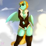 2014 anthro arnachy big_breasts biting_lip bomber_jacket bottomless breasts cutie_mark equine eyewear female friendship_is_magic fur furry green_fur hair jacket legwear lightning_dust mammal my_little_pony pegasus pussy solo sunglasses two_tone_hair wings