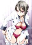 1girl 1girl alluring big_breasts bra cleavage magenta_eyes nakiri_alice open_shirt panties shokugeki_no_souma silver_hair t.o.motors undressing