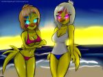  2_girls beach bikini breasts chica_(fnaf) fnia fnia_hentai looking_at_viewer swimsuit toy_chica 