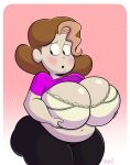 bbw big_breasts blush bra breasts brown_hair dustindemon long_hair shiny shiny_skin shirt_lift shy wide_hips