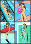  1girl brown_hair completely_nude_female convenient_censoring gisrhgver glasses hose lovin&rsquo;sis ponytail poolside retropunch sun surfboard susan_(xierra099) waterpark waterslide xierra099 