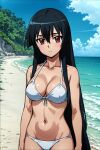 1girl akame_(akame_ga_kill!) akame_ga_kill! alluring beach big_breasts bikini black_hair cleavage lovehuwu ocean red_eyes