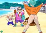  1girl 3boys anime anthro aqua_hair ass beach bottomless bubble_butt bulma_brief dragon_ball_gt dress dress_lift embarrassed embarrassed_nude_female embarrassing enf flashing going_commando master_roshi no_panties oolong pig reptile shiny shiny_skin short_hair surprised turtle 