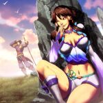  1boy 1girl alluring big_breasts bird boots breasts bridal_gauntlets brown_hair bustier canon_couple chai_xianghua cloud fingernails genzoman hair_tubes hiding kilik_(soulcalibur) lingerie lips long_hair midriff nail_polish one_eye_closed project_soul rock short_hair signature skirt sky soul_calibur soul_calibur_ii soul_calibur_iii soul_calibur_vi staff underwear universal_fighting_system wink 