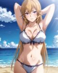 1girl alluring beach big_breasts bikini blue_sky cleavage joker_(artist) nakiri_erina ocean purple_eyes shokugeki_no_souma strawberry_blonde_hair