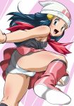  1_girl 1girl ass bare_arms beanie blue_eyes blue_hair blush boots breasts clothed dawn dawn_(pokemon) female female_human female_only hair_ornament hat highres hikari_(pokemon) hikawadou human long_hair looking_at_viewer nintendo panties pantyshot pokemon pokemon_(anime) pokemon_(game) pokemon_dppt scarf sideboob skirt sleeveless small_breasts solo trefoil underwear upskirt white_panties 