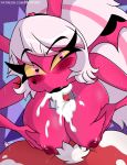  big_breasts blitzo_(helluva_boss) canon_couple cumming_penis demon_girl fellatio heart-shaped_pupils helluva_boss imp succubus sucking_penis verosika_mayday_(helluva_boss) wholesome 