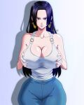  1girl 1girl absurd_res alternate_costume artist_name bangs bare_shoulders big_breasts black_hair blue_eyes boa_hancock breast_grab breasts cleavage clothed_female clothing collarbone curvy denim earrings eye_contact female_focus female_only frown high_res hips huge_breasts human jeans jewelry lips long_hair looking_at_viewer mature mature_female musaed_art one_piece pants parted_bangs pinup shirt sideboob simple_background sleeveless solo_female solo_focus standing tagme tank_top thick_thighs thighs voluptuous watermark wide_hips 